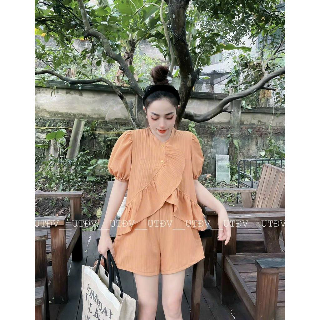 Sét bộ đồ nữ gân đũi áo tay phồng cổ tròn họa tiết nhiều màu xòe bèo lái chéo duyên dáng mix quần đùi cực xinh đi chơi