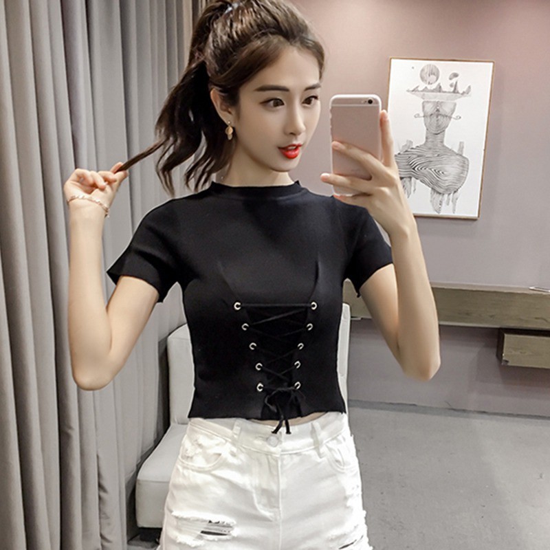 Áo Croptop dệt kim tay ngắn cổ tròn thanh lịch cho nữ