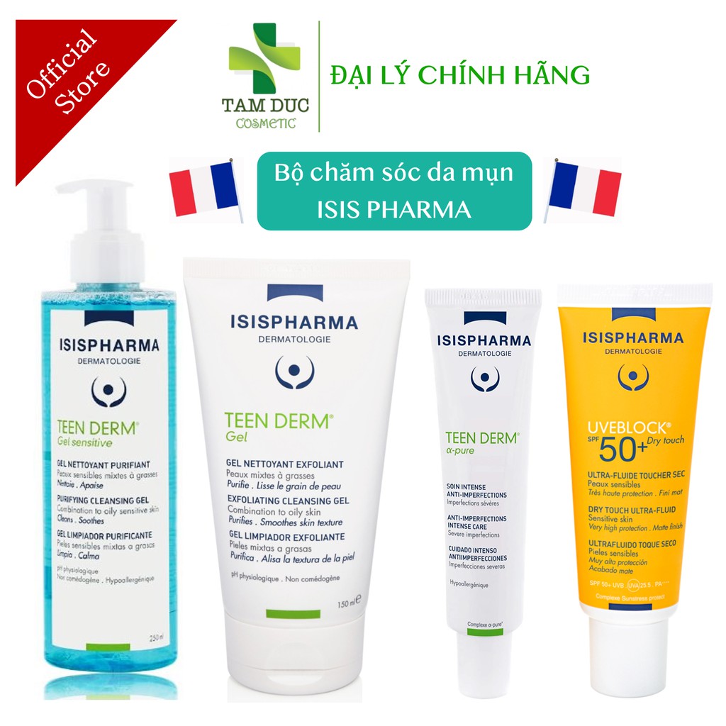 Bộ Chăm Sóc Da Mụn ISIS PHARMA [Teen Derm Gel Sensitive - Teen Derm Gel - Teen Derm Alpha Pure - Uveblock spf30-50-80]