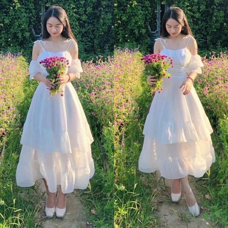 Đầm maxi trễ vai ✅ Váy hai dây tầng Rớt Vai Tay Dài Quyến Rủ - Dáng Dài đi biển du lịch 💗N.U Store💓 Váy Trắng Dạ Hội Đẹp