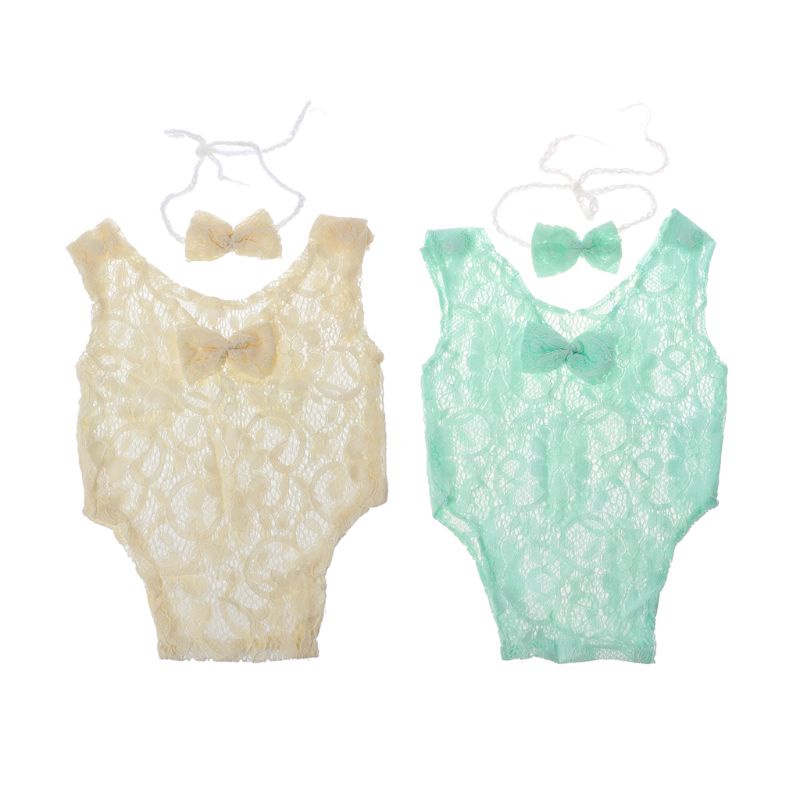 Áo Liền Quần Vải Ren Màu Trơn + Băng Đô Xinh Xắn Làm Phụ Kiện Chụp Ảnh Cho Bé Gái Sơ Sinh