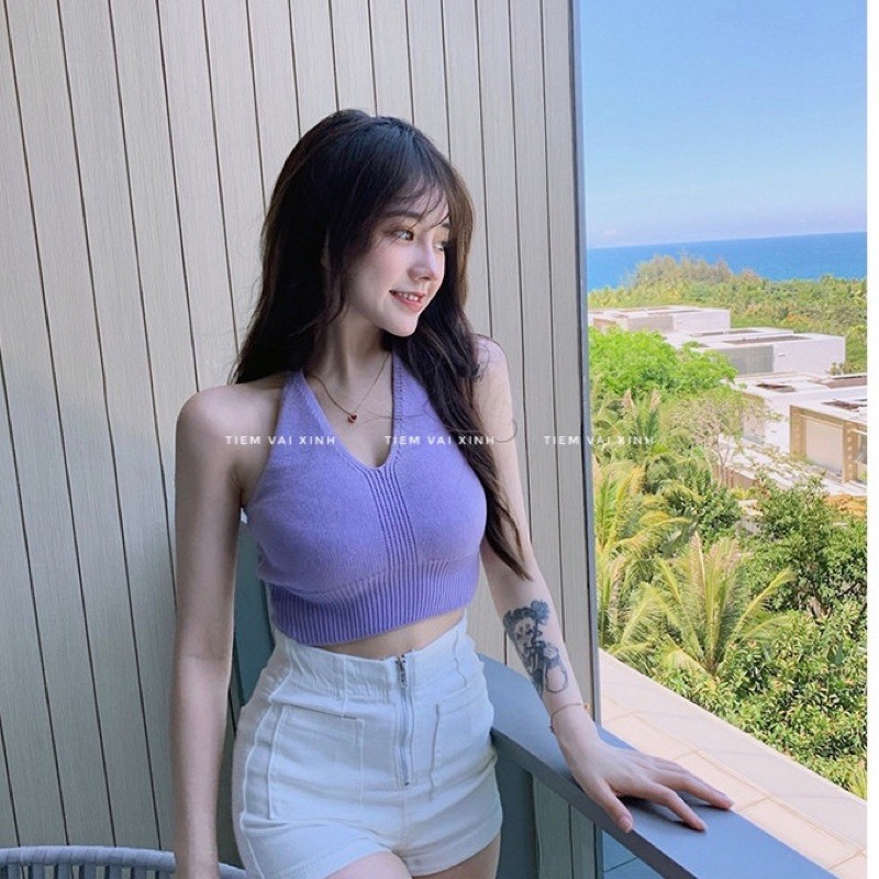 Áo Croptop Nữ Sexy 🍊 [Tiệm Vải Xinh] 🍊 Áo Croptop Hai Dây Buộc Cổ Nơ - Hàng Quảng Châu