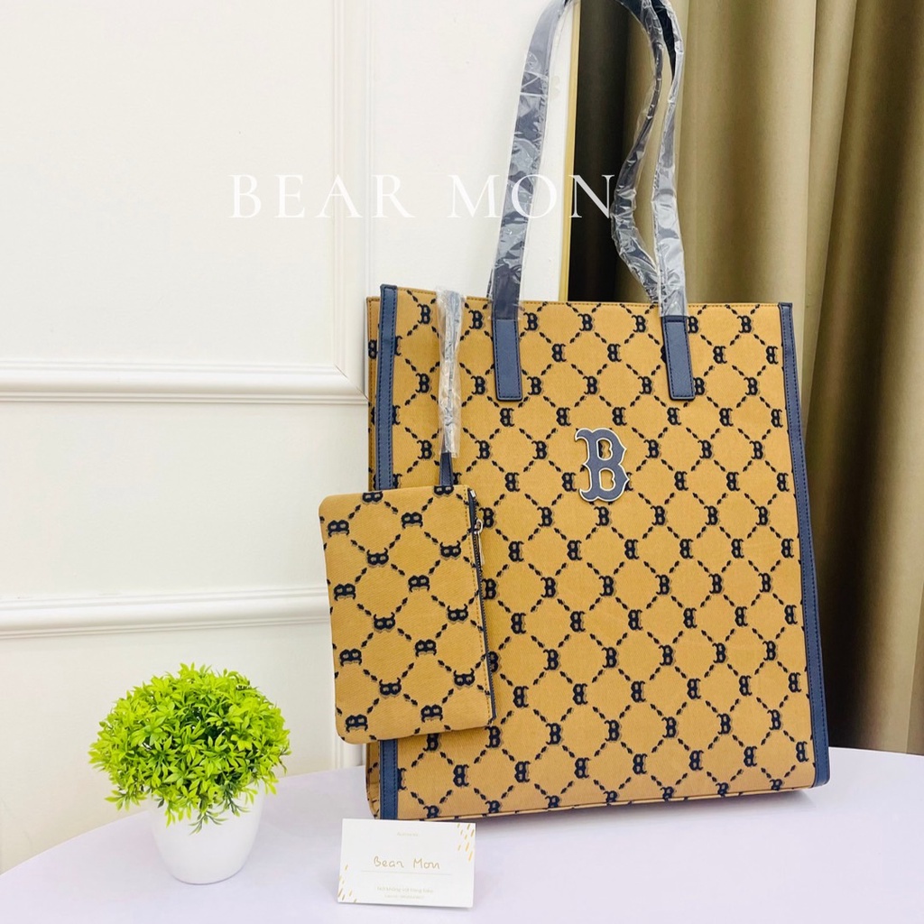 Túi MLB Diamond Monogram Jacquard Tote Boston Red Sox 3Aorm012N-43Bgd Màu Nâu viền đen logo chữ b mẫu mới