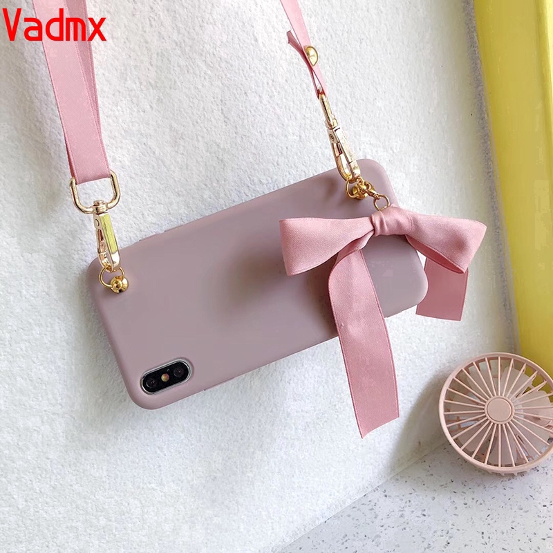 Cute Bow Tie Bag Silicon Phone Case For Samsung Galaxy S10 Note 10 Lite Note 5 A9 Pro 2016 J6 J4 A6 A8 J4+ J6+ Plus J2 J7 Grand Prime A2 Core Soft Simple Cover With Lanyard Strap