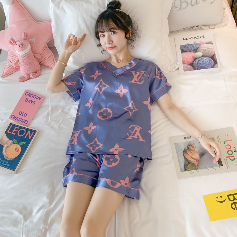 Bộ Đồ Ngủ Vải Lụa Lạnh In Họa Tiết Hoạt Hình Phong Cách Hàn Quốc Cho Nữ đồ mặc nhà thu đông lụa cặp đôi cao cấp nam áo nữ đồ bộ pyjama pijama Đồ ngủ đôi