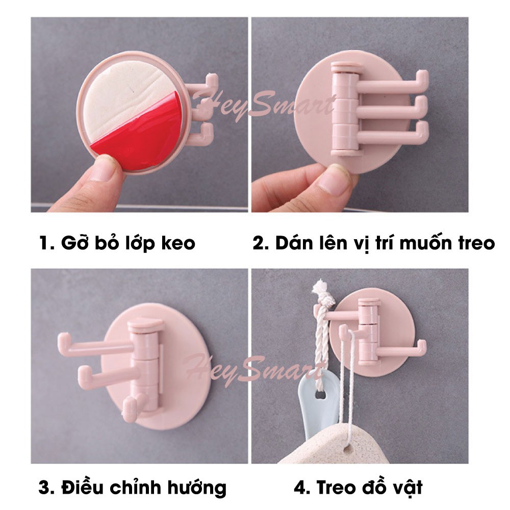 Móc treo 3 nhánh treo đồ vật siêu dính, móc xoay 3 chấu dán tường treo tiết kiệm không gian (giao màu ngẫu nhiên)