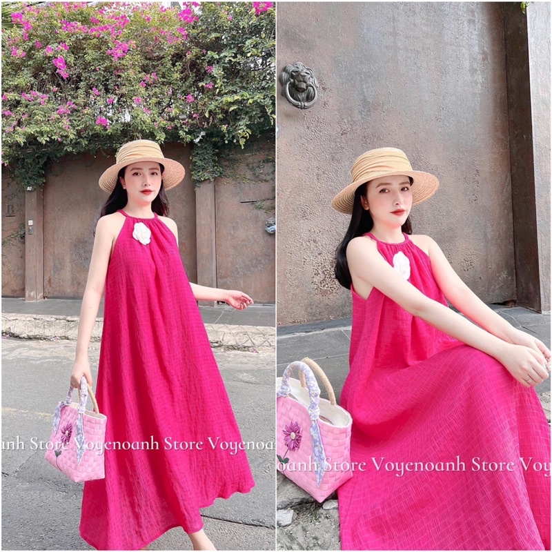 Đầm maxi hồng chất xốp kèm hoa gài (Hàng Loại 1) Váy Maxi 2 Dây Đi Biển Xinh