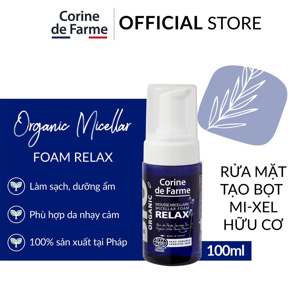 Sữa rửa mặt tạo bọt mi-xel hữu cơ Corine de Farme Organic Micellar Foam Relax 100ml