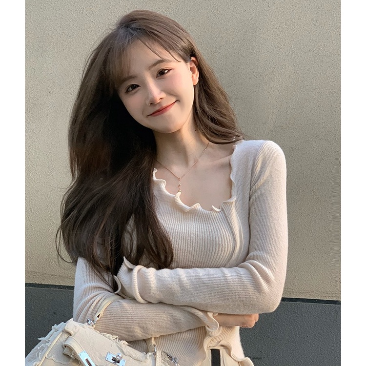 Áo Thun Dệt Kim Tay Dài Màu Sắc Trơn Phong Cách Hàn Quốc