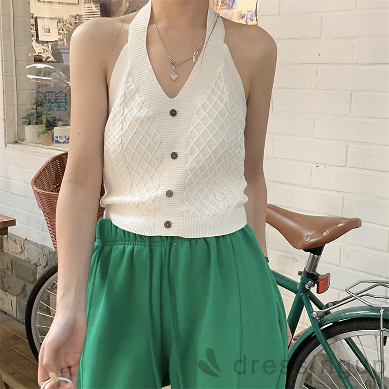 Áo Dệt Kim Sát Nách Cổ Chữ V Hở Lưng Màu Trơn Thời Trang Mùa Hè Cho Nữ