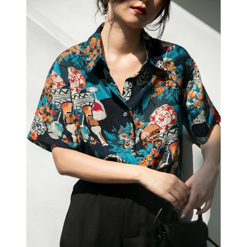 Áo Sơ Mi Ngắn Tay Họa Tiết Tranh Sơn Dầu Phong Cách Retro Thời Trang Mùa Hè Cho Nữ