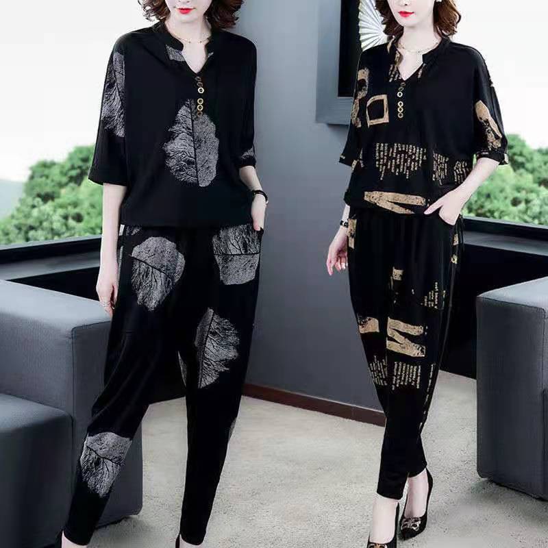 Single / set nữ mùa hè 2021 new thời trang hợp cộng với kích thước quần harem giản dị bộ hai mảnh của mẹ mỏng