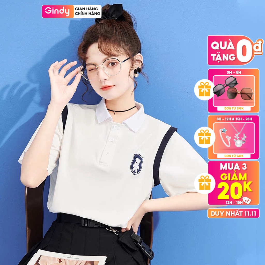 Áo phông có cổ nữ form rộng tay lỡ GINDY thêu họa tiết gấu cổ bẻ vải cotton thoáng mát basic unisex A8104
