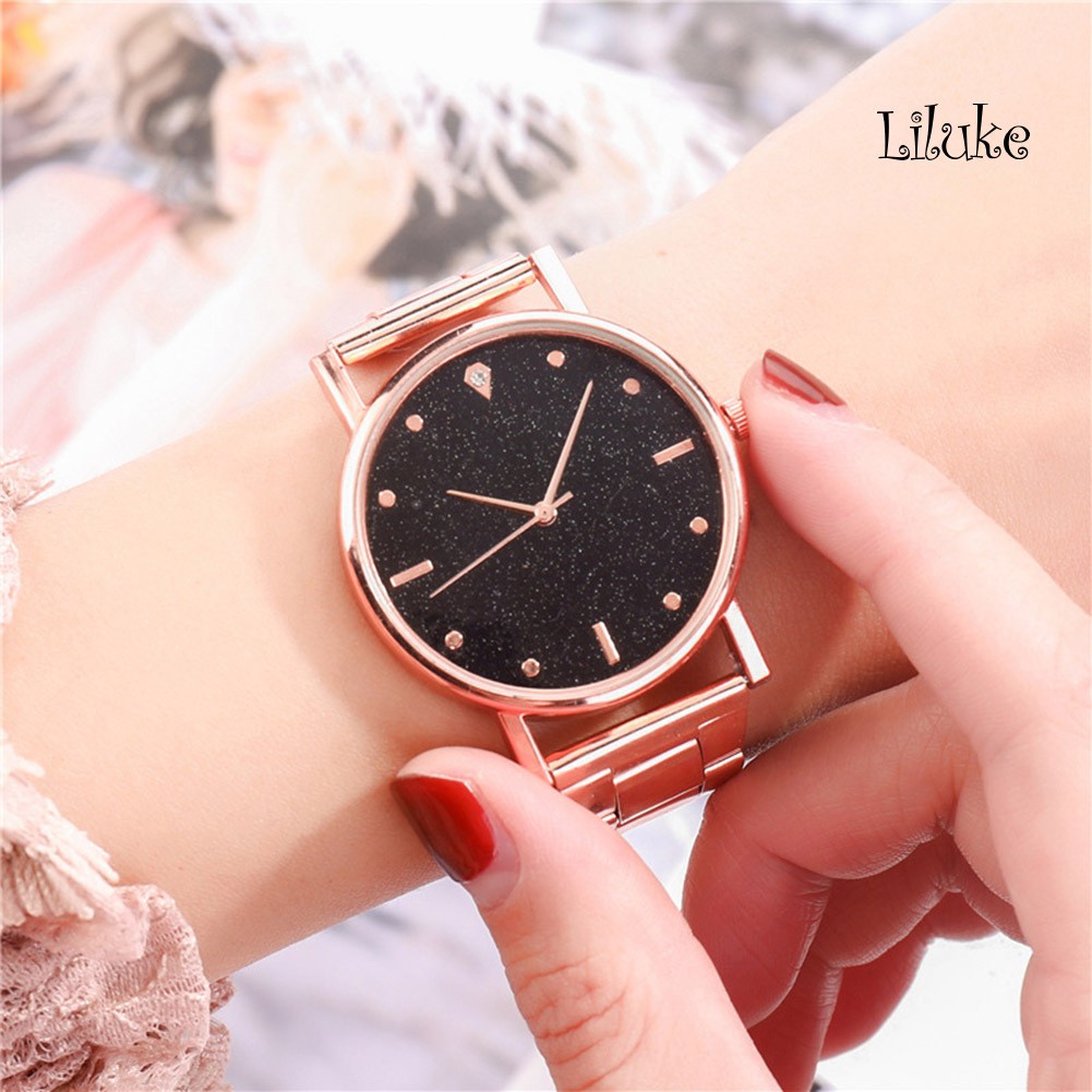 Đồng Hồ Đeo Tay Mặt Tròn Họa Tiết Sao Lấp Lánh Dây Thép Không Gỉ Thanh Lịch Cho Nữ