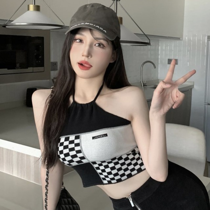 【ZHELIHANGFEI】 / Áo Dệt Kim Hai Dây Ngắn Hở Rốn Phong Cách Quyến Rũ Cho Nữ