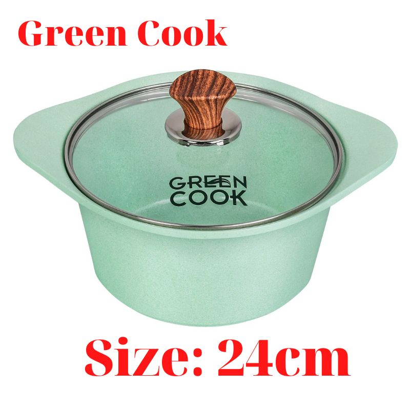 Nồi đúc chống dính đáy từ men đá Green Cook size 24cm xanh ngọc