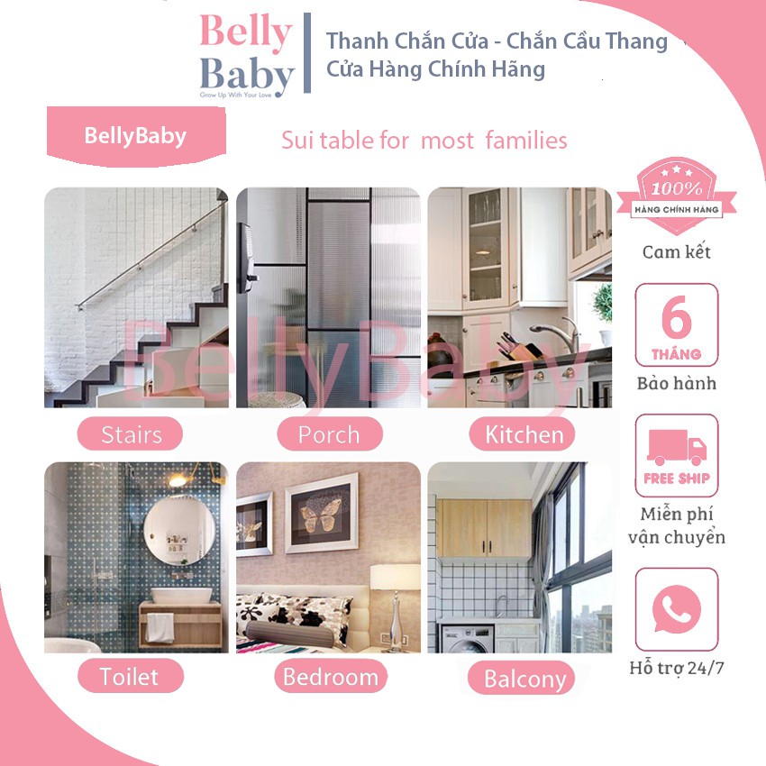 Thanh Chắn Cửa - Thanh Chắn Cầu Thang BellyBaby Với Thanh Nối Không Cần Khoan Đục, An Toàn Cho Bé  - BellyBaby