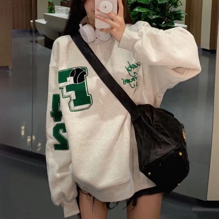 ZHELIHANGFEI Áo Thun Tay Dài Cổ Tròn Với Họa Tiết Thêu Theo Phong Cách Preppy