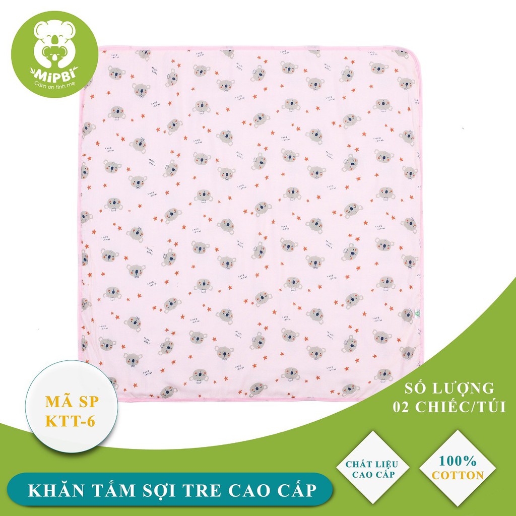 MIPBI KTT-6. Set 2 khăn tắm sợi tre 6 lớp 80x80cm MIPBI cho bé