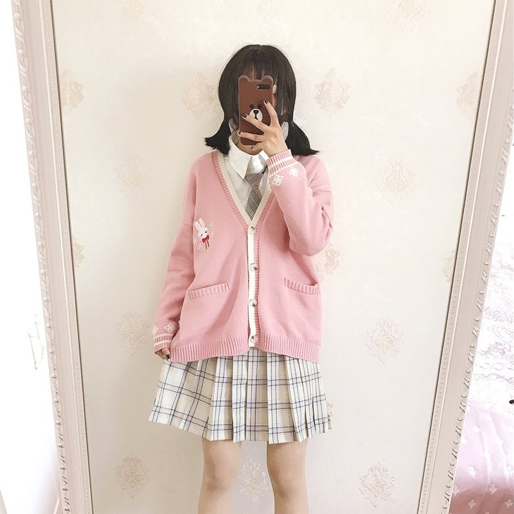 Khoác Cardigan len mịn thêu hình thỏ dễ thương