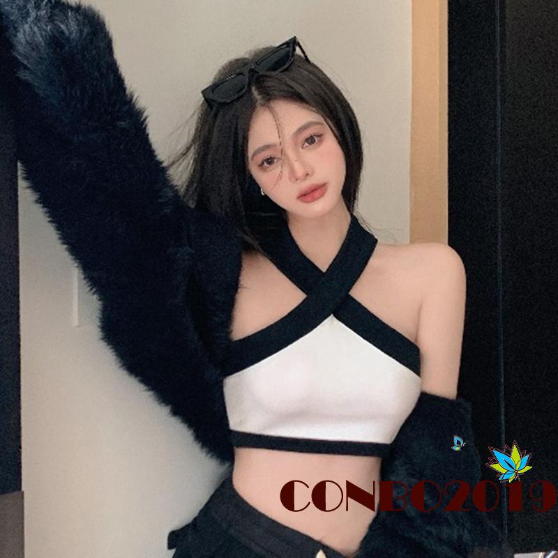 HGM-Ladies Midriff-baring Tank Top, Black White Color Matching Cross Hanging Neck Off Shoulder Sleeveless Slim Tops