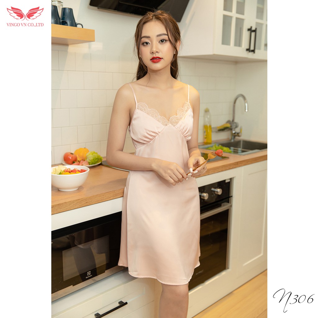 VINGO Váy Ngủ Hai Dây Nữ Lụa Pháp Trơn Cao Cấp Phối Ren Ngực Sexy Quyến Rũ N306 VNGO | BigBuy360 - bigbuy360.vn