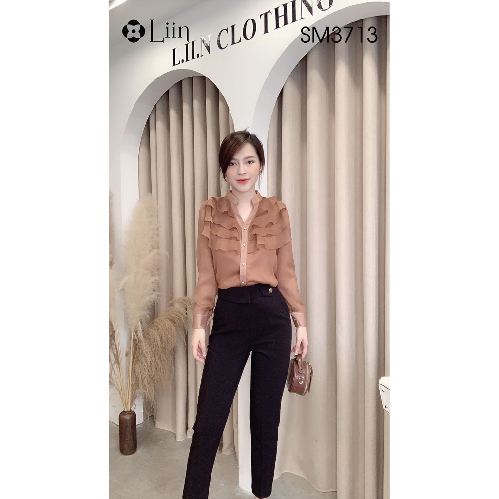 [Mã FAMARAL1 giảm 10K đơn 50K] Áo sơ mi dài tay màu nâu mix cổ tàu cách điệu bèo tầng xinh xắn Liin Clothing SM3713