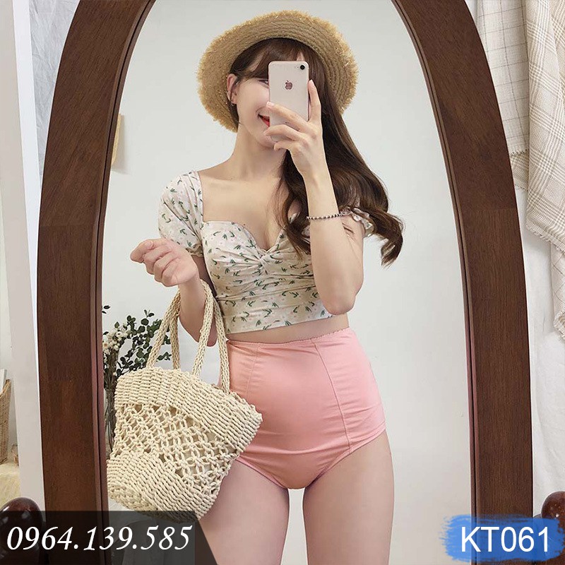 Bikini 2 mảnh cạp cao, áo croptop hoa nhí, tay bèo xinh xắn dấu bắp tay