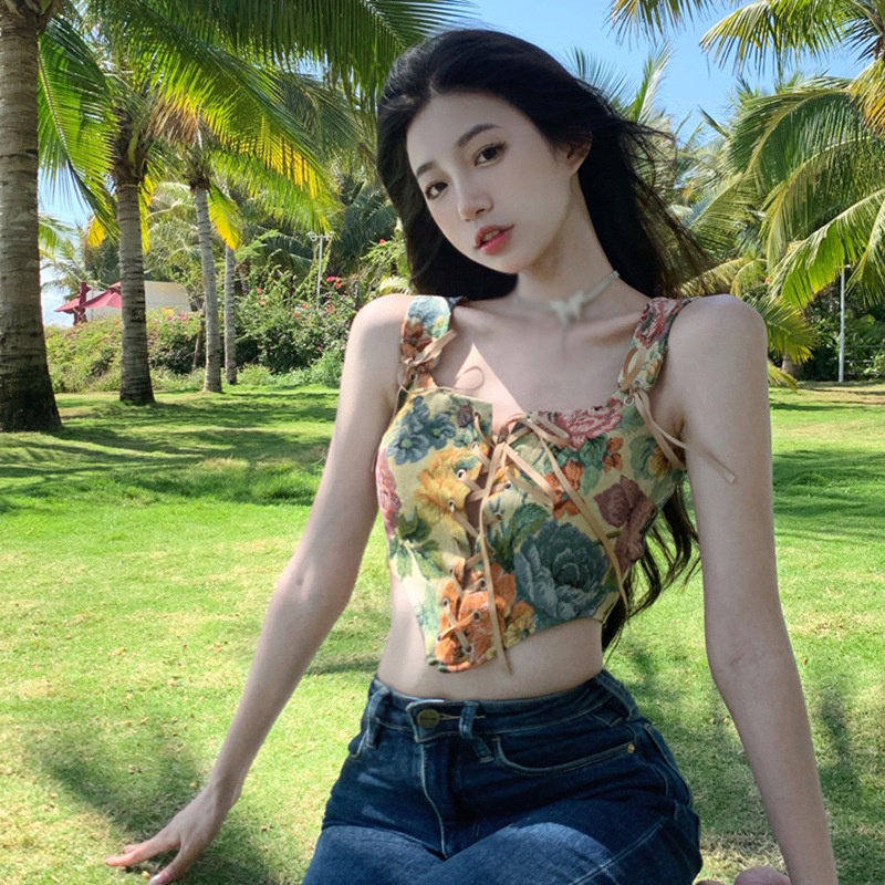 Áo Croptop Hai Dây In Họa Tiết Phong Cách Hàn Quốc Quyến Rũ Dễ Điều Chỉnh Cho Nữ