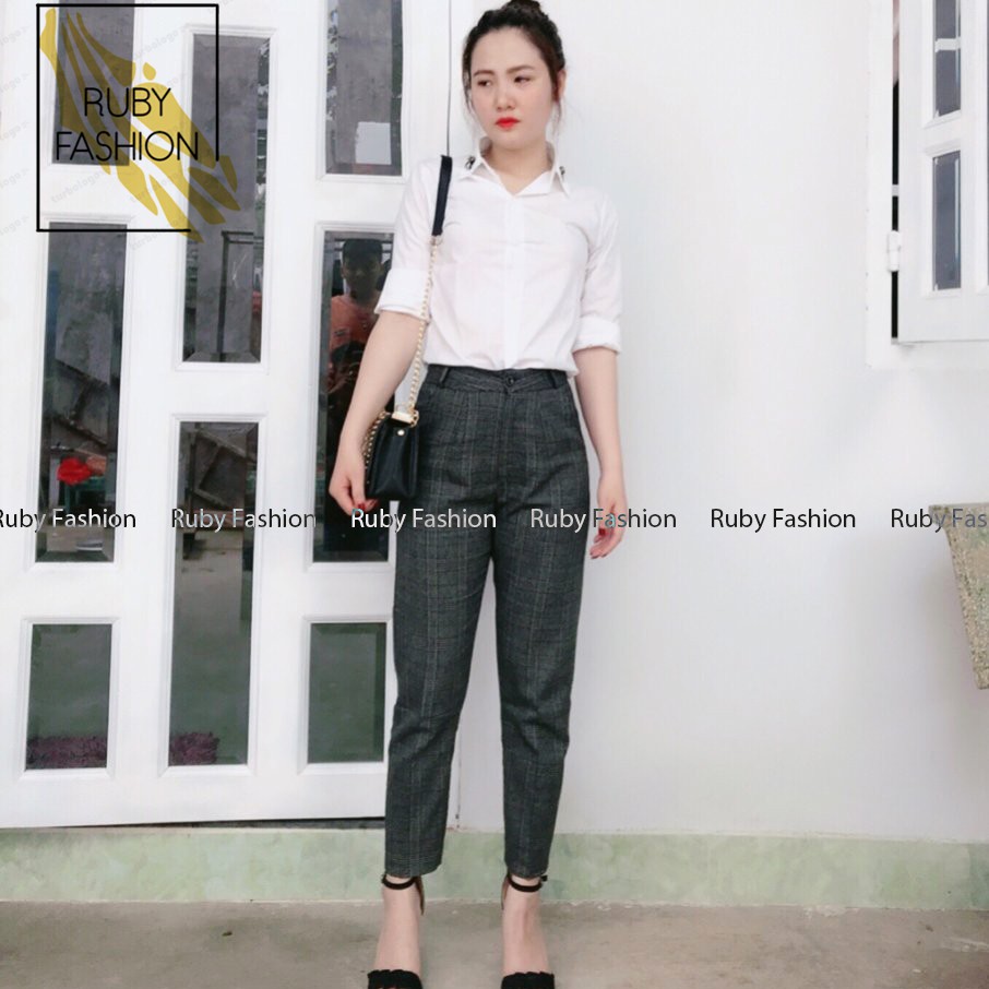 Quần baggy nữ Ruby Fashion công sở kẻ caro đậm, chất vải cao cấp