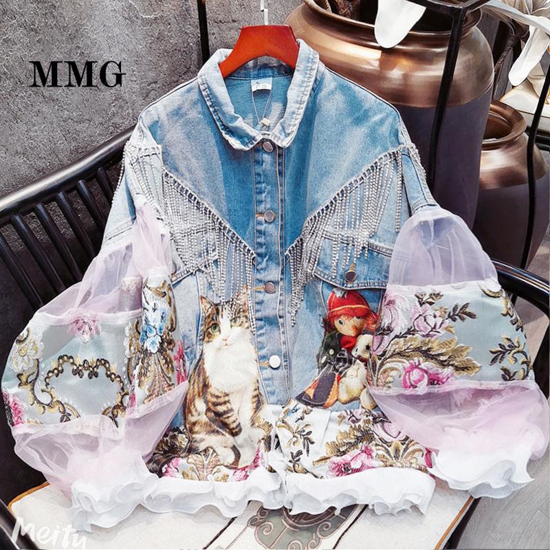 Áo Khoác Denim Tay Phồng Dáng Rộng Ba Lớp Đính Đá Kiểu Thái Lan Thời Trang Đường Phố