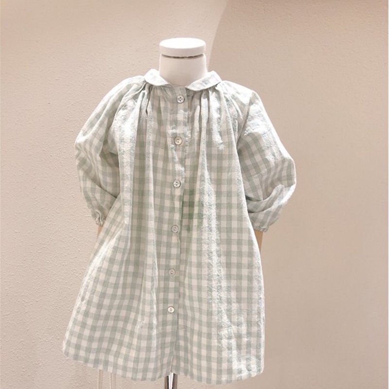 Đầm sơ mi cotton cổ bẻ kẻ sọc caro phong cách Hàn Quốc mới cho bé gái 2021