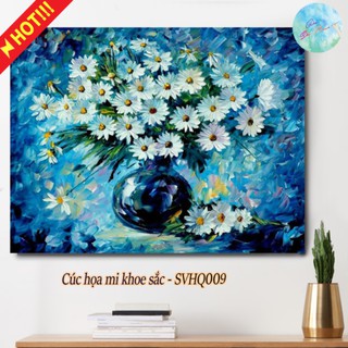 Tranh sơn dầu số hóa có khung DIY tự tô màu theo số CÚC HỌA MI KHOE SẮC SVHQ009 ( Tranh tô màu hoa cúc họa mi tết xuân )