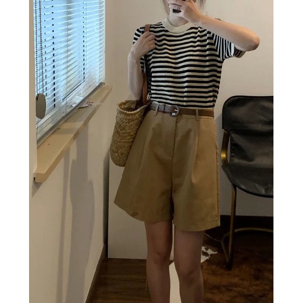 Bộ Áo Sweater + Quần Short Lưng Cao Ống Rộng Họa Tiết Kẻ Sọc Phong Cách Hàn Quốc Thời Trang Mùa Hè 2022