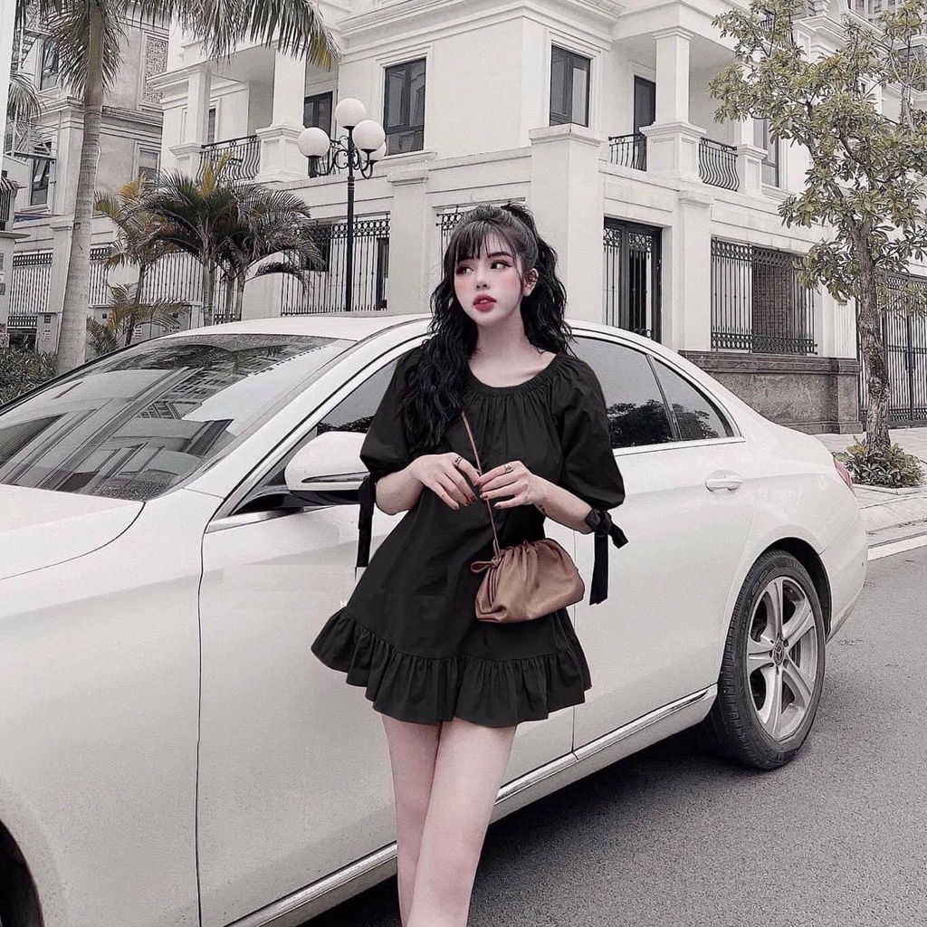 [8.8 Sales Freeship] Đầm tiểu thư babydoll cổ tròn tay búp, đầm xòe đuôi cá cột nơ tay dáng ngắn bánh bèo