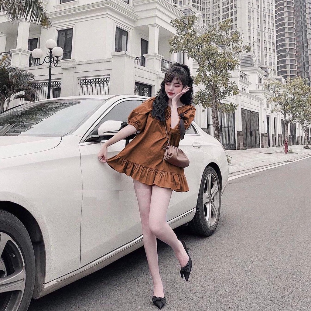 [8.8 Sales Freeship] Đầm tiểu thư babydoll cổ tròn tay búp, đầm xòe đuôi cá cột nơ tay dáng ngắn bánh bèo