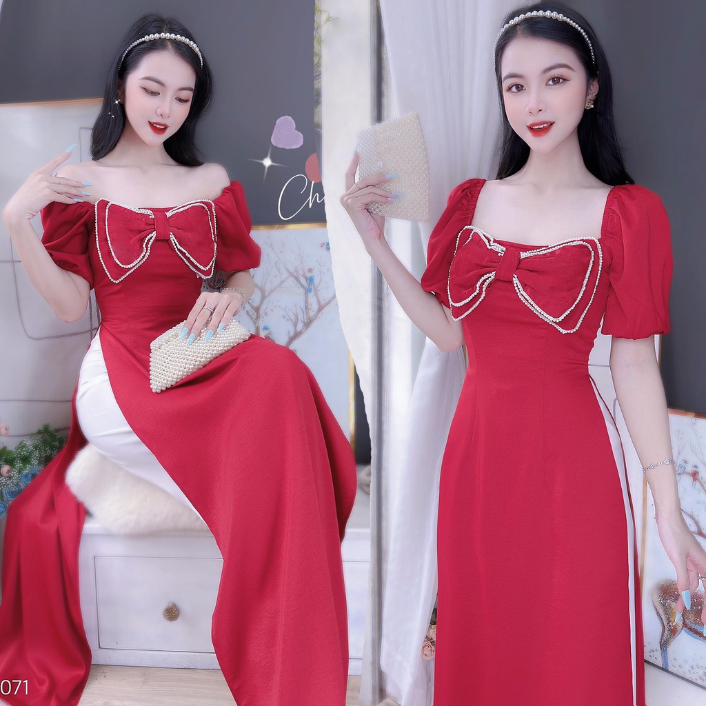 Áo dài cách tân nữ kiểu nơ to cổ vuông quý phái CHUU AD8071 - không kèm quần