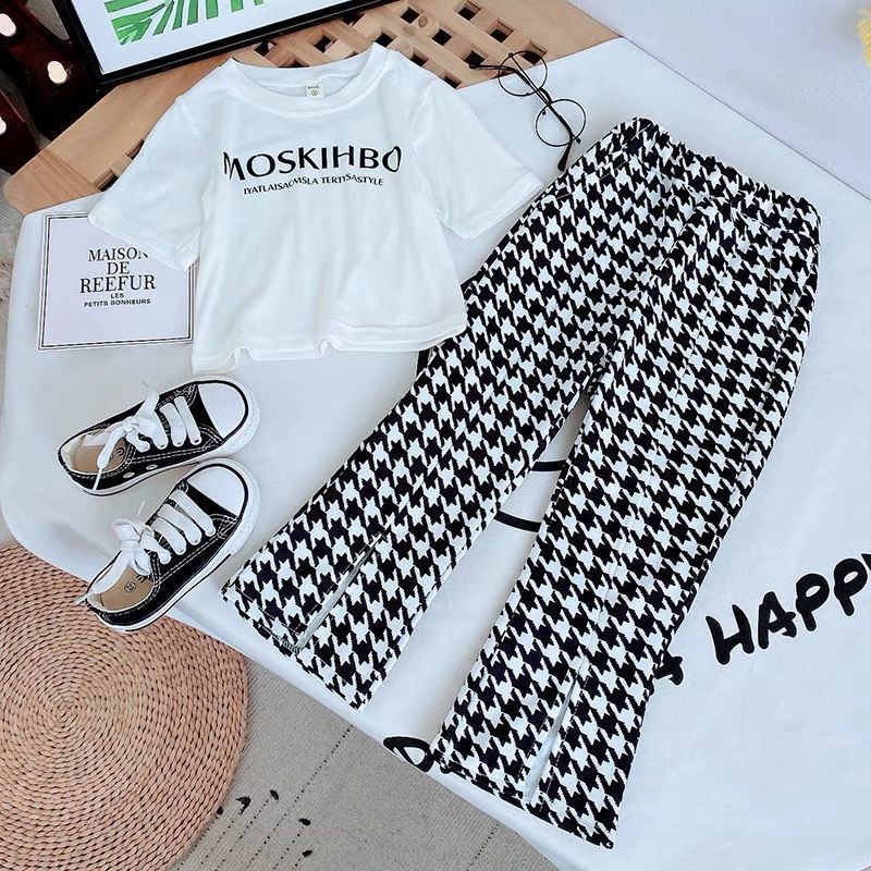 Set Áo Thun Ngắn Tay In Chữ + Quần Dài Lưng Cao Phong Cách Hàn Quốc Thời Trang Mùa Hè Cho Bé Gái