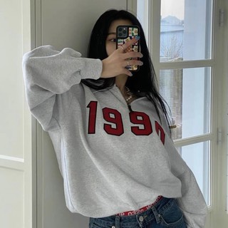 Áo sweater nỉ cổ polo kéo khóa in 1990 size m l xl