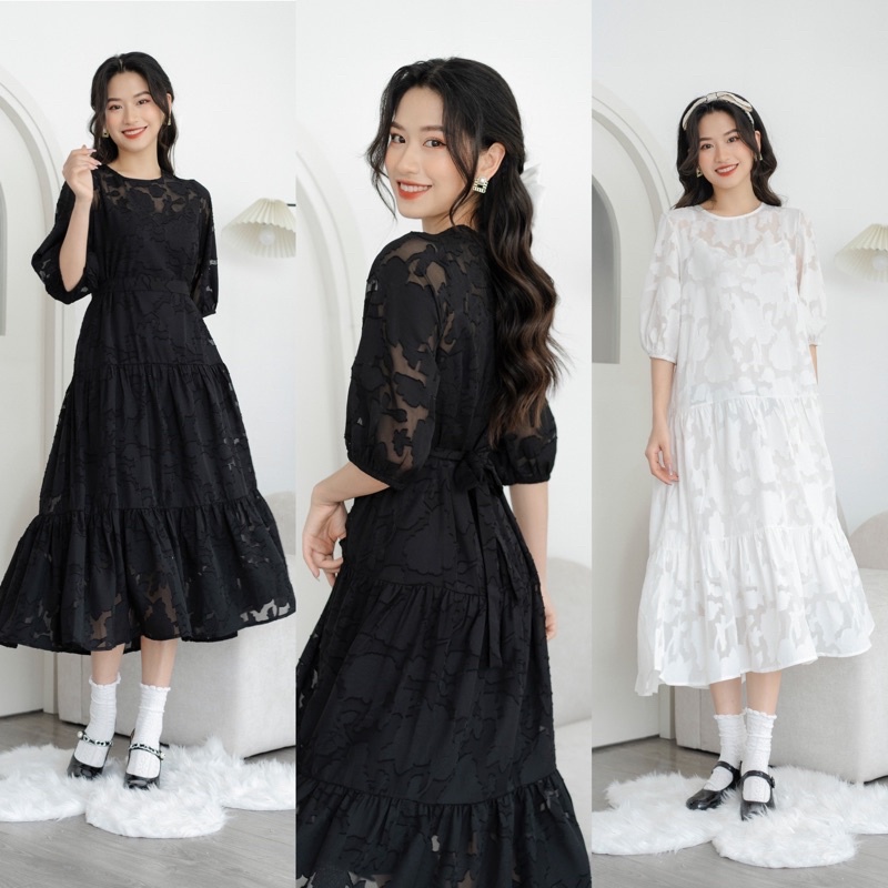 Váy Voan Ren Viền Nổi Hoạ Tiết Hoa Dáng Suông Dài Che Mọi Khuyết Điểm Mặc Suông Hoặc Kèm Đai Cực Kỳ Xinh