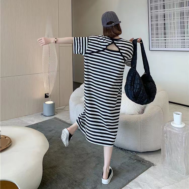 【Plus Size】(40-150kg) Đầm Nữ Tay Ngắn Hở Lưng Dáng Rộng Kẻ Sọc