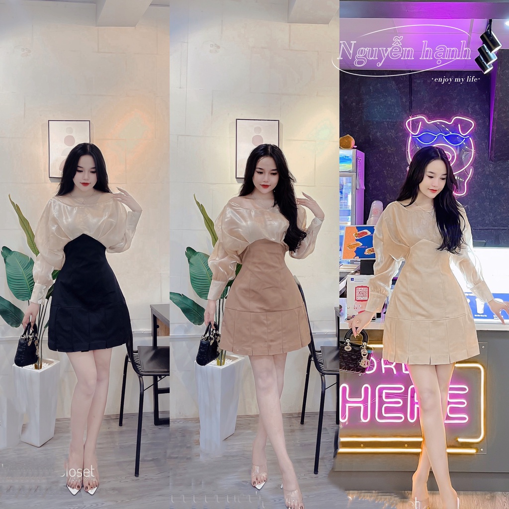 Đầm thiết kế LINH RUBI STORE váy dự tiệc dáng ngắn tơ óng tay dài cổ thuyền chân váy xếp li V568