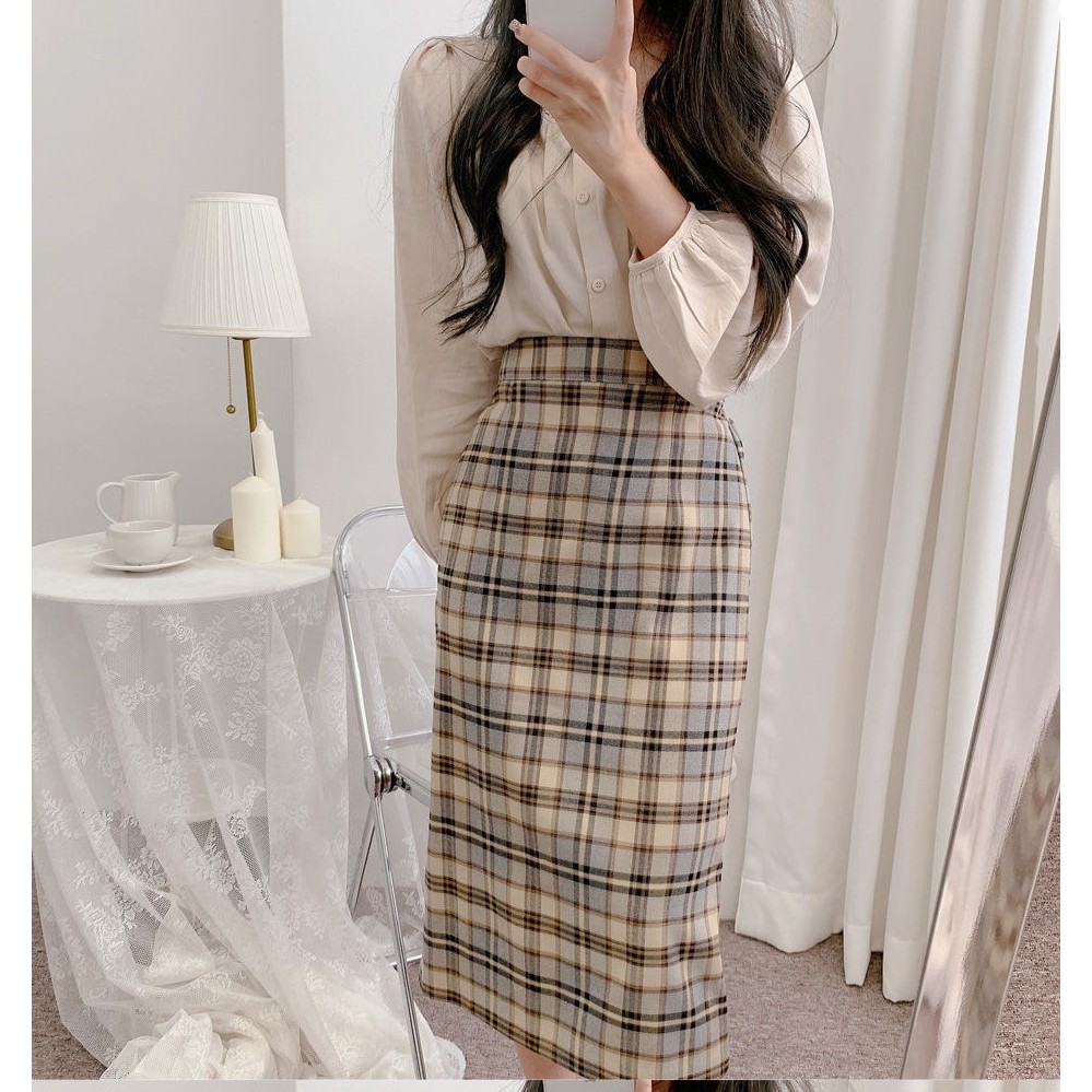 Bộ Áo Phối Ren + Chân Váy Lưng Cao Sọc Ca Rô Xinh Xắn Cho Nữ 38051