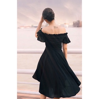 Đầm hở vai xếp li tay (Đen, Đỏ) SDX03 SDX04