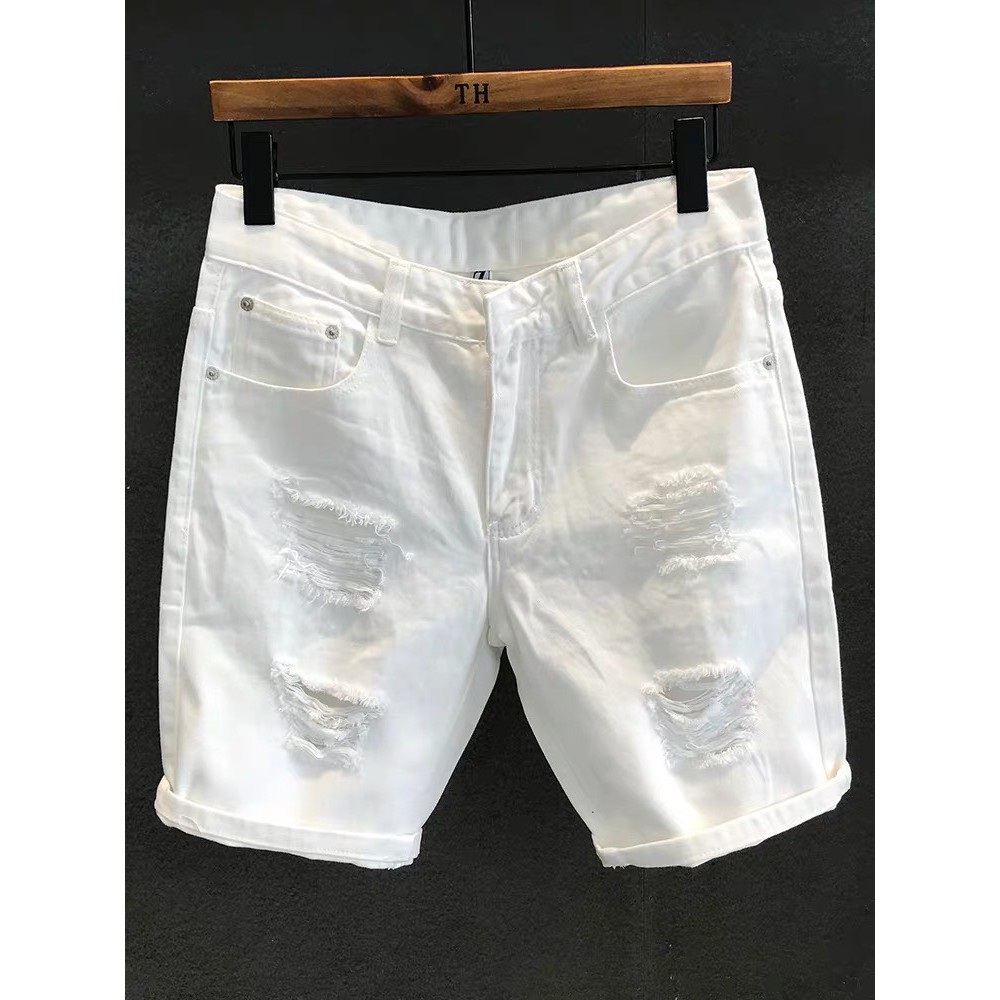 Quần short jean nam cao cấp short trắng đen rách vá vải dày đẹp chuẩn như hình