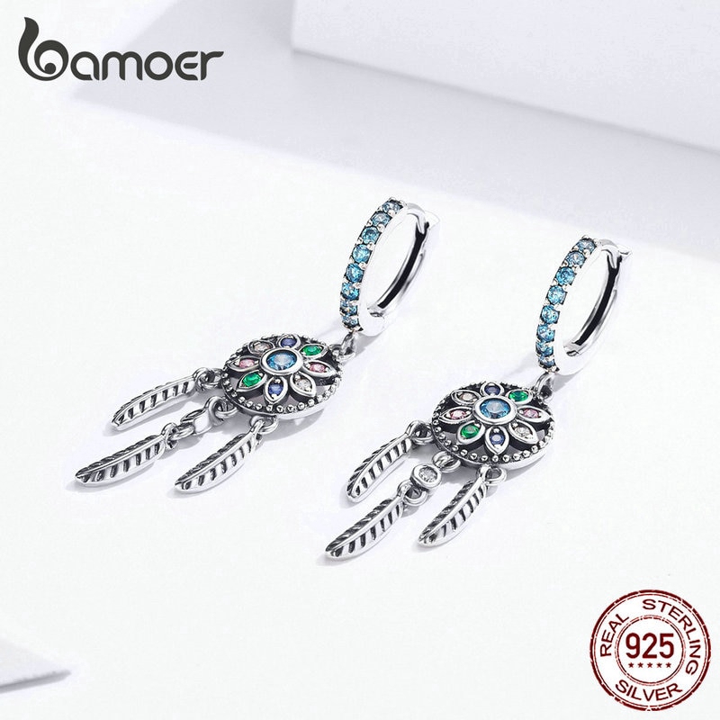 Khuyên Tai BAMOER Bằng Bạc 925 Thiết Kế Hình Dreamcatcher Thời Trang Cho Nữ