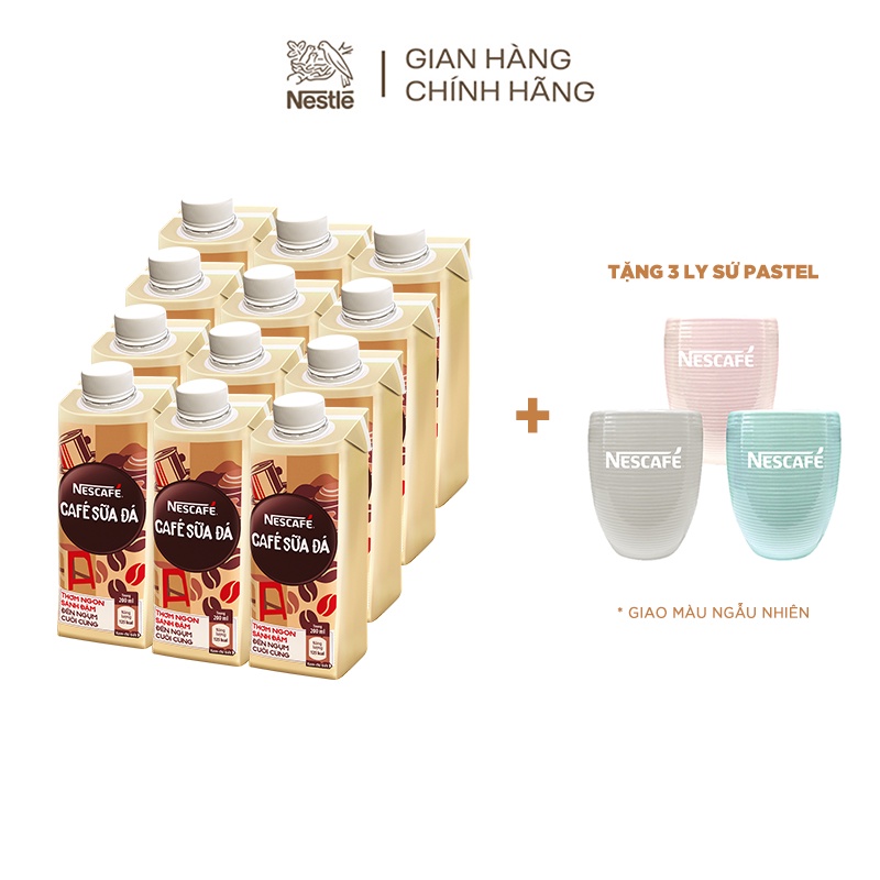 [Tặng 3 ly sứ Pastel] Bộ 12 hộp Cà phê uống liền NESCAFÉ® Cà Phê Sữa Đá (hộp 200ml)