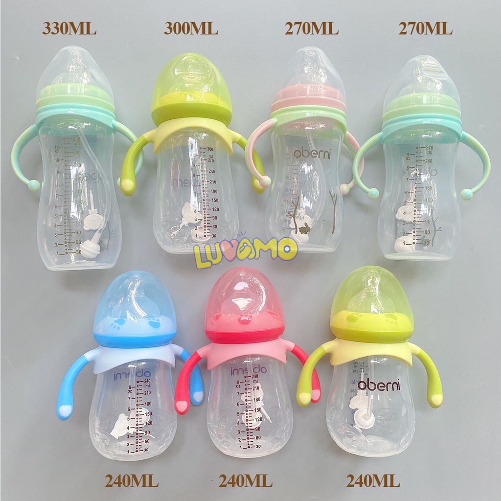 Bình sữa chống sặc oberni cổ rộng có tay cầm tiện dụng cao cấp an toàn cho bé 240ml DS06