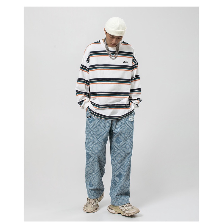 Áo thun tay dài cổ tròn kẻ sọc thời trang Hip Hop cho nam