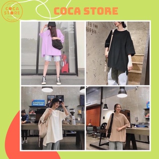 Áo thun tay lỡ unisex COCA dưới 75kg, áo phông form rộng xẻ tà
